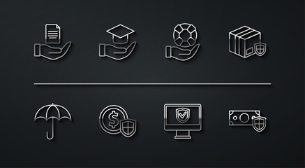 Set line Contract in hand, Umbrella, Delivery security with shield, Insurance online, Money, Education grant, and Lifebuoy icon. Vector