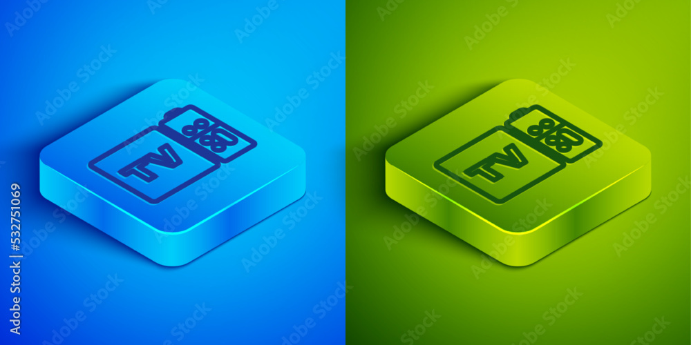 Poster Isometric line Multimedia and TV box receiver and player with remote controller icon isolated on blue and green background. Square button. Vector