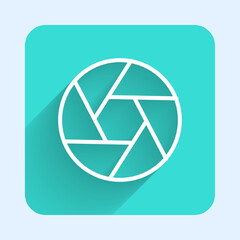 White line Camera shutter icon isolated with long shadow. Green square button. Vector
