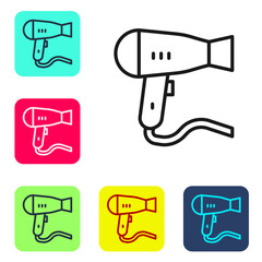 Black line Hair dryer icon isolated on white background. Hairdryer sign. Hair drying symbol. Blowing hot air. Set icons in color square buttons. Vector