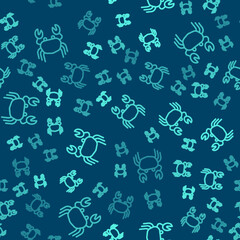 Green line Crab icon isolated seamless pattern on blue background. Vector
