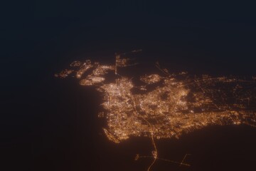 Aerial shot on Manama (Bahrain) at night, view from west. Imitation of satellite view on modern city with street lights and glow effect. 3d render