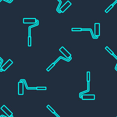 Green line Paint roller brush icon isolated seamless pattern on blue background. Vector