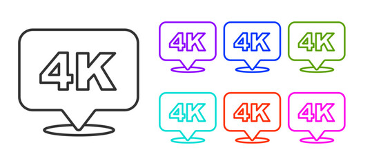 Black line 4k Ultra HD icon isolated on white background. Set icons colorful. Vector