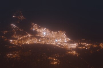 Aerial shot of Los Angeles (California, USA) at night, view from north. Imitation of satellite view on modern city with street lights and glow effect. 3d render