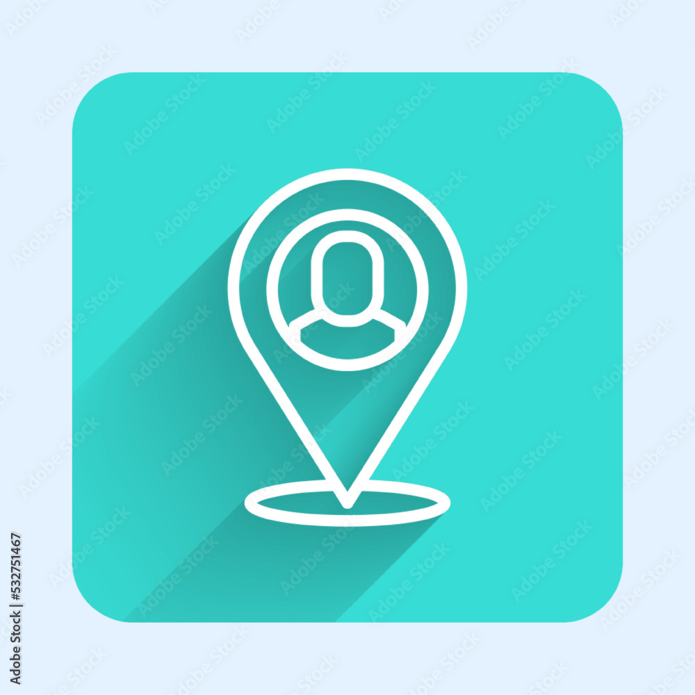 Poster white line worker location icon isolated with long shadow background. green square button. vector