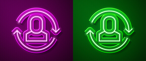 Glowing neon line Exchange work icon isolated on purple and green background. Information exchange between people. Employee or people Replacement or swap position concept. Vector
