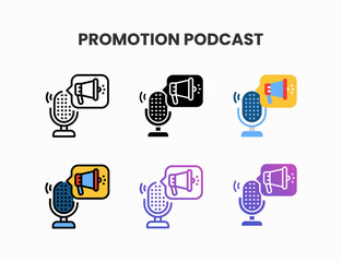 Promotion Podcast icon set with line, outline, glyph, filled line, flat color, line gradient and flat gradient. Can be used for digital product, presentation, print design and more.