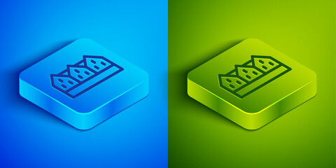 Isometric line Icelandic wooden house icon isolated on blue and green background. Architecture element of Iceland. Square button. Vector