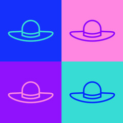 Pop art line Elegant women hat icon isolated on color background. Vector