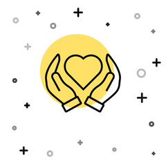 Black line Heart in hand icon isolated on white background. Hand giving love symbol. Valentines day symbol. Random dynamic shapes. Vector