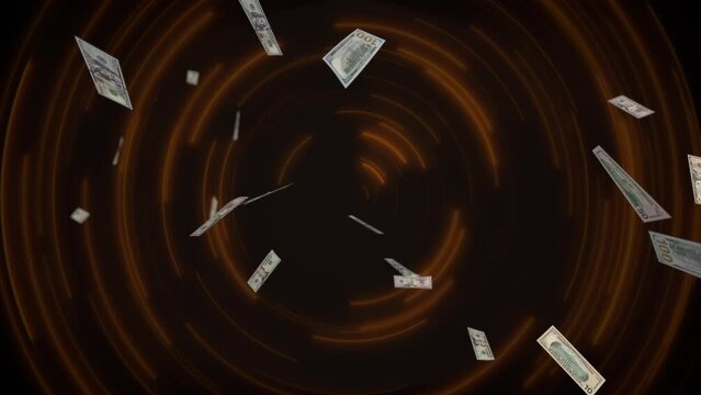 Scattered dollar bills against the backdrop of a flashing tunnel. 3d render.
