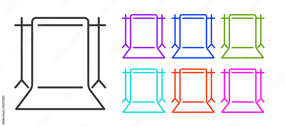 Poster black line empty photo studio icon isolated on white background. screen backdrop. set icons colorful