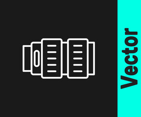 White line Camera photo lens icon isolated on black background. Vector