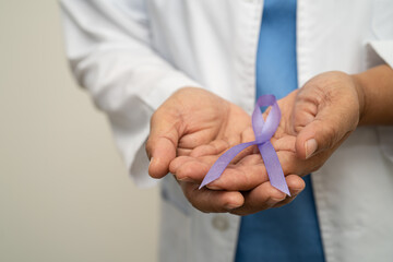 Asian woman doctor with purple ribbon, sign of Alzheimer disease day, Pancreatic cancer, Epilepsy,...