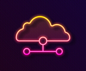 Glowing neon line Network cloud connection icon isolated on black background. Social technology. Cloud computing concept. Vector