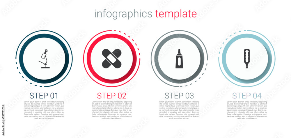 Sticker Set Microscope, Crossed bandage plaster, Ointment cream tube medicine and Medical thermometer. Business infographic template. Vector