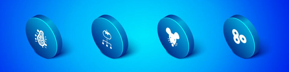 Set Isometric Bacteria, Experimental mouse, Cell division and Genetically modified food icon. Vector