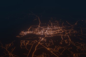 Aerial shot on Guayaquil (Ecuador) at night, view from east. Imitation of satellite view on modern city with street lights and glow effect. 3d render