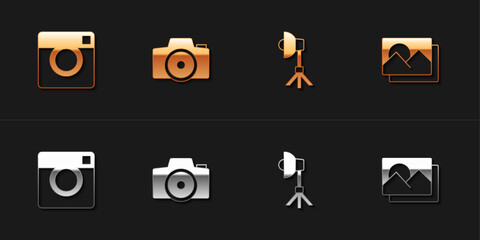 Set Photo camera, , Softbox light and frame icon. Vector