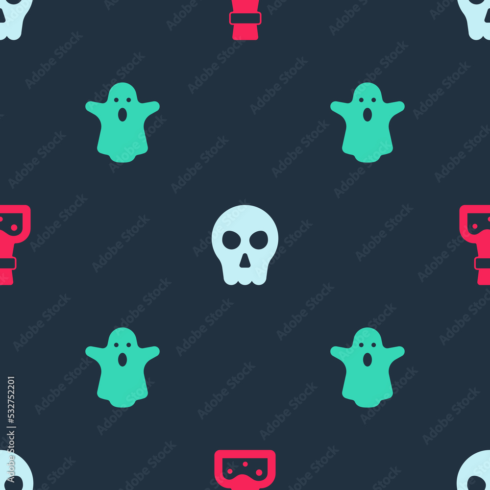 Poster set bottle with potion, skull and ghost on seamless pattern. vector