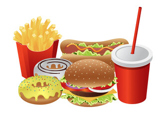 Fast food vector isolated on white background. cheese burger, hotdog, donuts, french fries and soft drink cup. realistic style vector illustration