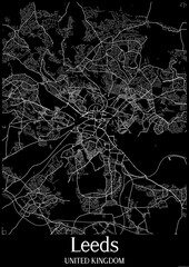 Black and White city map poster of Leeds United Kingdom.