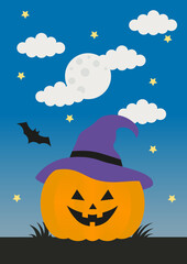 Fototapeta premium Pumpkin cartoon at night with full moon, stars and bat. Illustration of halloween elements.
