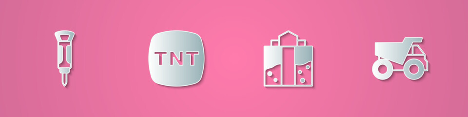 Set paper cut Construction jackhammer, Dynamite, Mine entrance and Mining dump truck icon. Paper art style. Vector