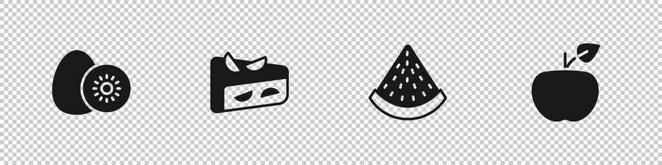 Set Kiwi fruit, Homemade pie, Watermelon and Apple icon. Vector