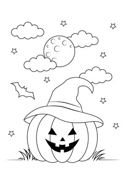 Pumpkin at night with full moon coloring page. Illustration of halloween elements ideal for schoolwork.