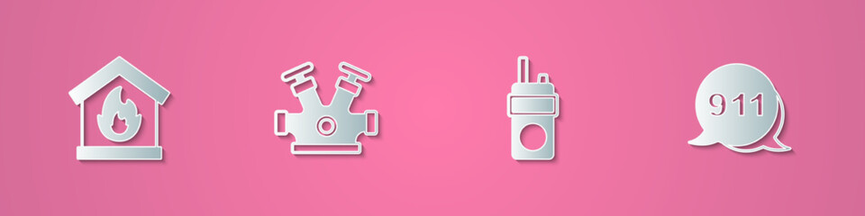 Set paper cut Fire in burning house, hydrant, Walkie talkie and Emergency call 911 icon. Paper art style. Vector