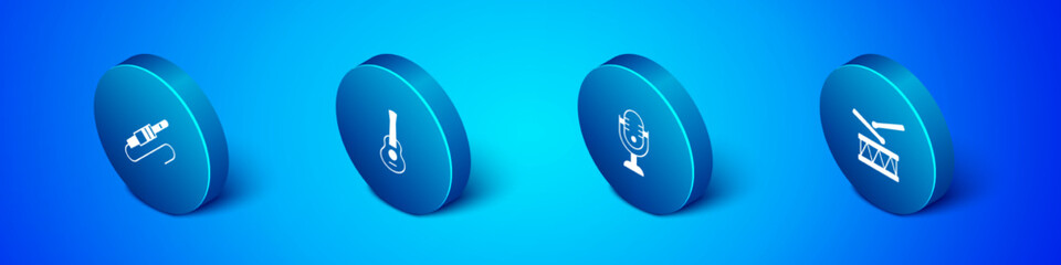 Set Isometric Audio jack, Microphone, Drum with drum sticks and Guitar icon. Vector