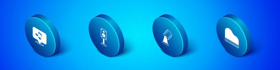 Set Isometric Music note, tone, Microphone, Grand piano and Stereo speaker icon. Vector