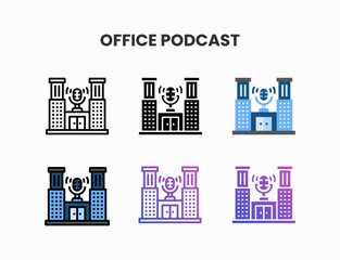 Studio Office Podcast Building icon set with line, outline, glyph, filled line, flat color, line gradient and flat gradient. Can be used for digital product, presentation, print design and more.