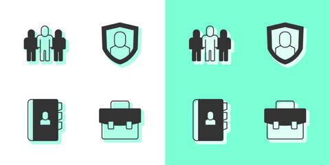 Set Briefcase, Project team base, Resume and User protection icon. Vector