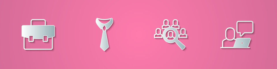 Set paper cut Briefcase, Tie, Magnifying glass for search job and Freelancer icon. Paper art style. Vector
