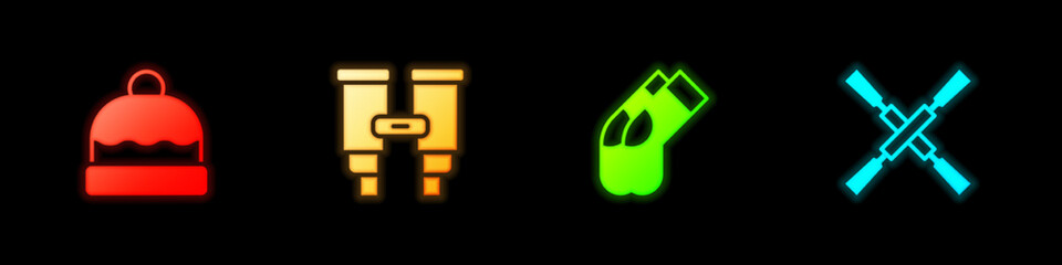 Set Beanie hat, Binoculars, Socks and Oars or paddles boat icon. Vector