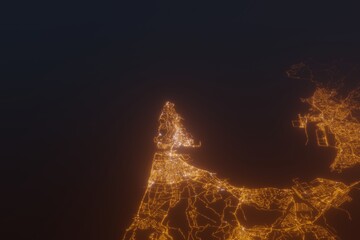 Aerial shot of Gibraltar at night, view from north. Imitation of satellite view on modern city with street lights and glow effect. 3d render - obrazy, fototapety, plakaty