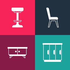 Set pop art Wardrobe, Furniture nightstand, Chair and icon. Vector