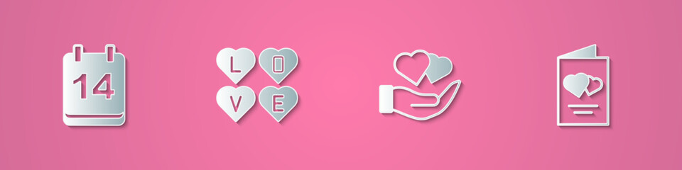 Set paper cut Calendar with February 14, Love text, Heart in hand and Valentines day flyer icon. Paper art style. Vector