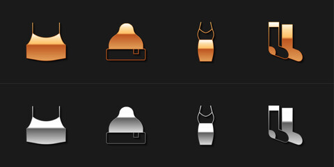 Set Female crop top, Beanie hat, Woman dress and Socks icon. Vector