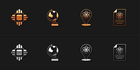 Set Processor CPU, Earth globe, Atom and Chemistry report icon. Vector