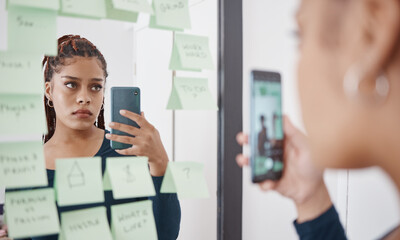 Sad, anxiety and woman at mirror with phone for pensive reflection photograph for social media. Depressed black girl with frustrated and unhappy face thinking of self esteem problem in distress. - obrazy, fototapety, plakaty