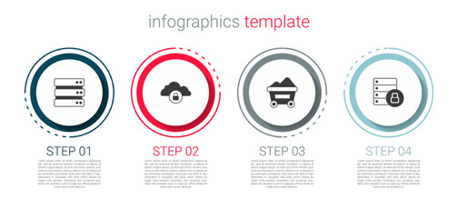 Set Server, Cloud computing lock, Coal mine trolley and security with padlock. Business infographic template. Vector