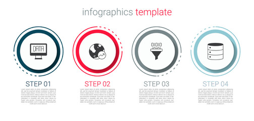 Set Data analysis, Financial growth, Binary code and Server. Business infographic template. Vector