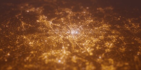 Street lights map of Cologne (Germany) with tilt-shift effect, view from north. Imitation of macro shot with blurred background. 3d render, selective focus