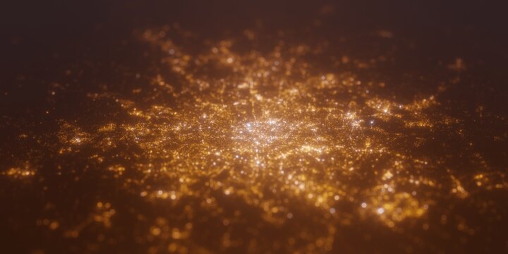 Street lights map of Paris (France) with tilt-shift effect, view from north. Imitation of macro shot with blurred background. 3d render, selective focus