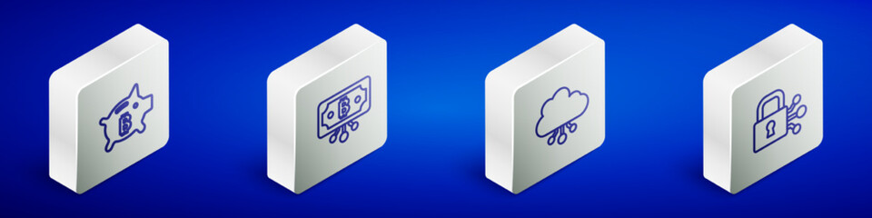 Set Isometric line Piggy bank bitcoin, Bitcoin with circuit, Cryptocurrency cloud mining and Lock icon. Vector