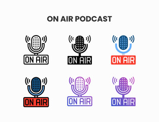 On Air Podcast icon set with line, outline, glyph, filled line, flat color, line gradient and flat gradient. Can be used for digital product, presentation, print design and more.